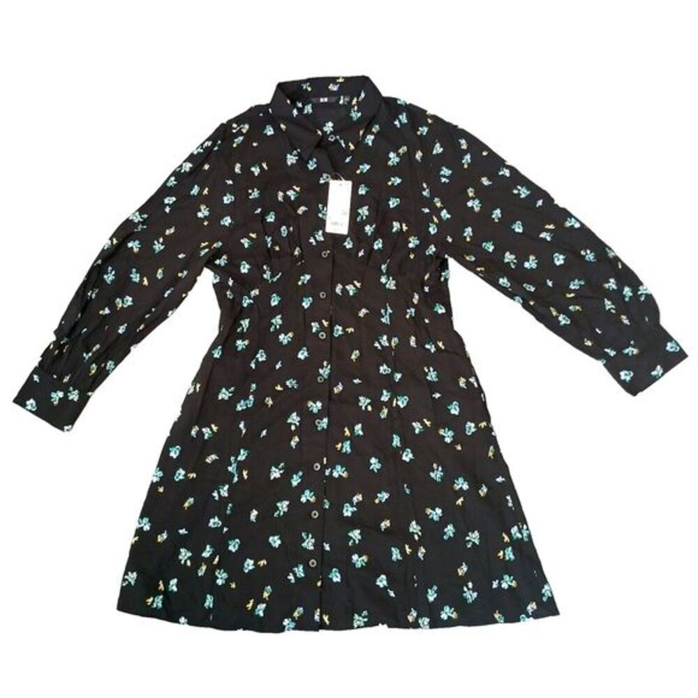 UNIQLO Printed Long Sleeve Black Mini Dress Collared Size L Cute Floral Flowers